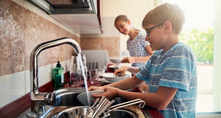 Children of different ages completing various cleaning tasks at home