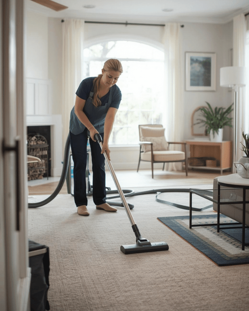 Recurring Cleaning in Davidsonville MD-Woman vacuuming carpets and rugs