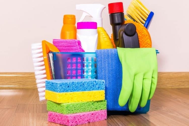 Professional cleaning supplies prepared for a consistent house cleaning visit