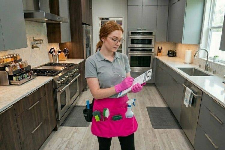 Professional team using a checklist for a recurring cleaning service in Maryland home