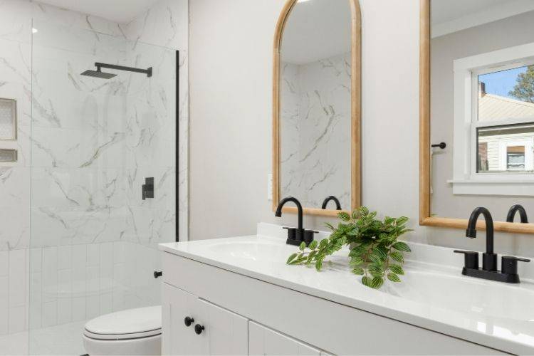 Clear bathroom surfaces that help professional cleaning results last longer in a Bethesda home.